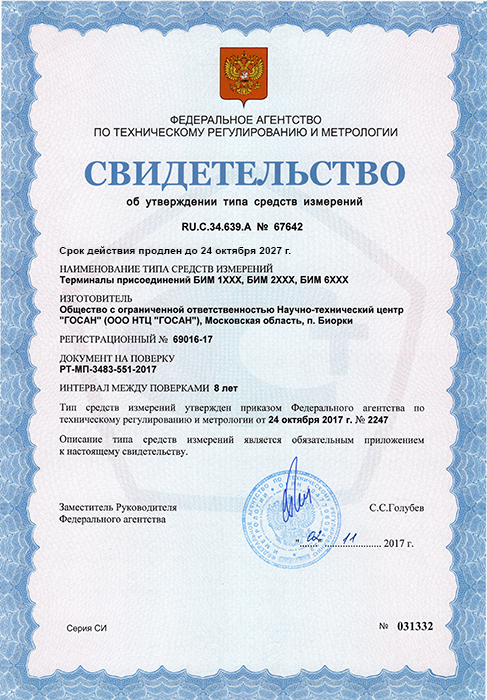 Свидетельство об утверждении типа средств измерений на БИМ 1ХХХ, БИМ 2ХХХ, БИМ 6ХХХ 